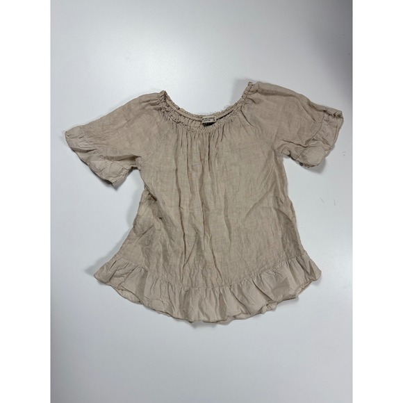 Terzo Millennio Tops - Terzo Millennio Italy Linen Peasant Blouse Beige Ruffle Hem Boho Top Womens M
